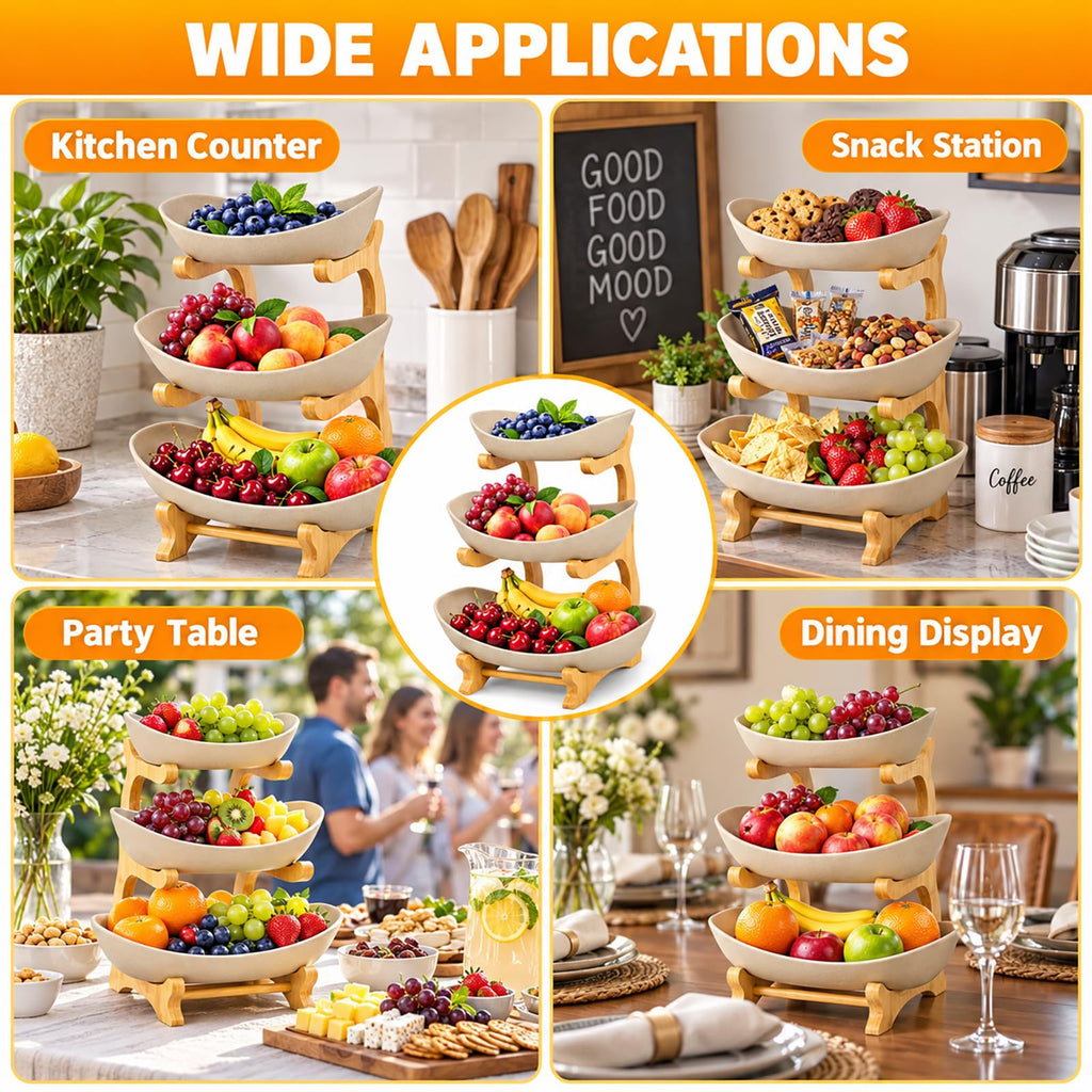 3 Tier Ceramic Fruit Basket with Bamboo Stand K79413