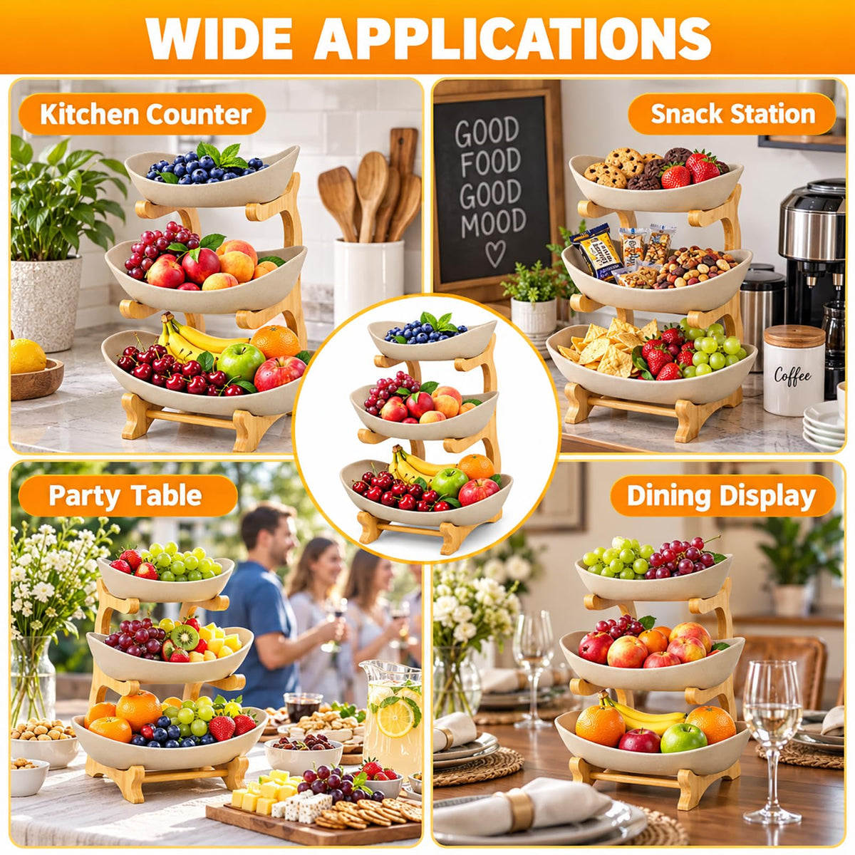 3 Tier Ceramic Fruit Basket with Bamboo Stand K79413