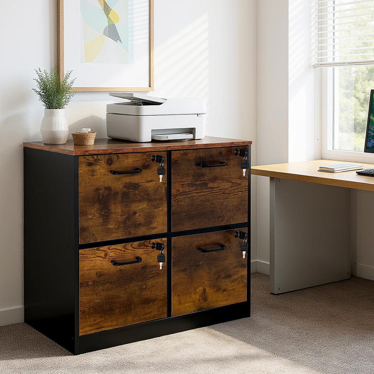 4 Drawer Wooden Lockable File Cabinet B5844