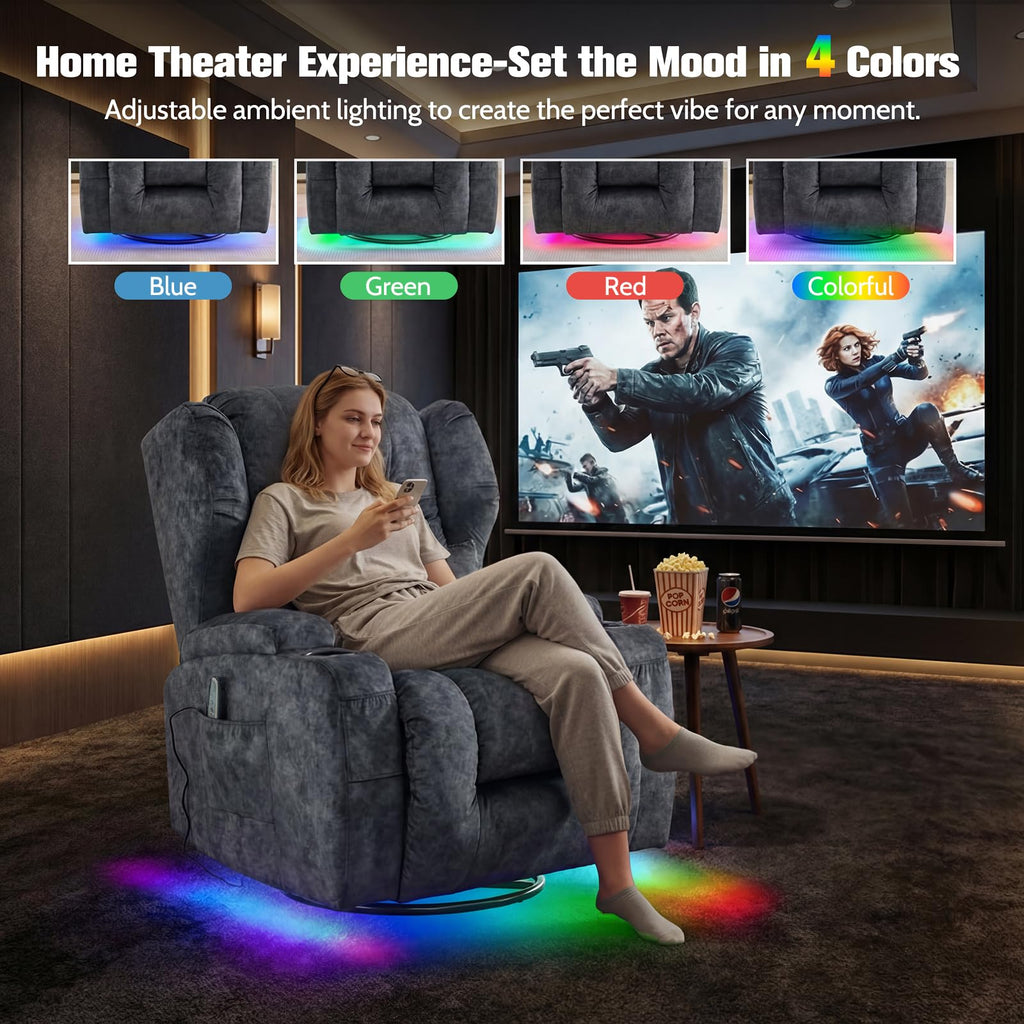 Velvet Gray Swivel Rocker Recliner with Massage and Heat B314