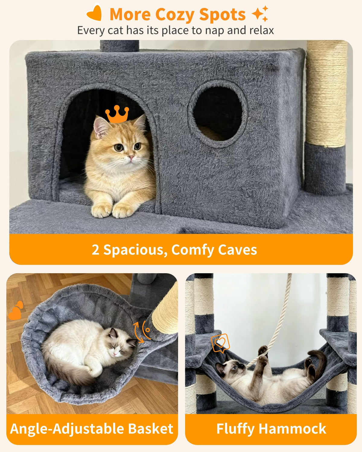 70" Cat Tree with 2 Condos and Wide Perches, Gray J247960