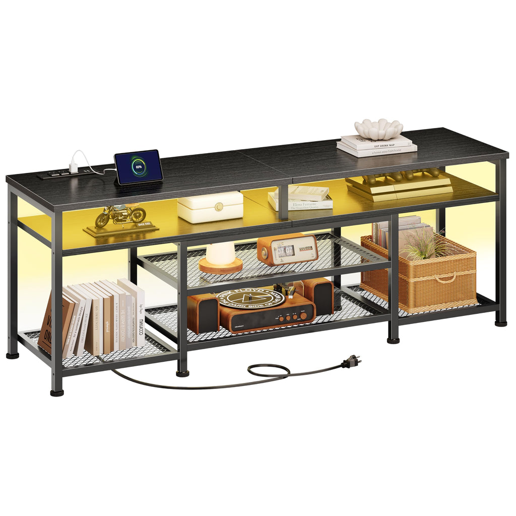 63 Inch TV Stand with Power Outlets & LED Lights, Black V2326