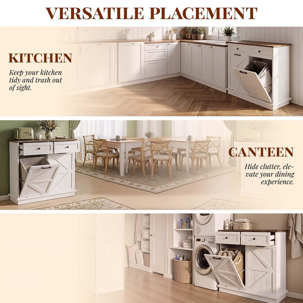 White Double Tilt Out Trash Can Cabinet with 2 Storage Drawers B95427
