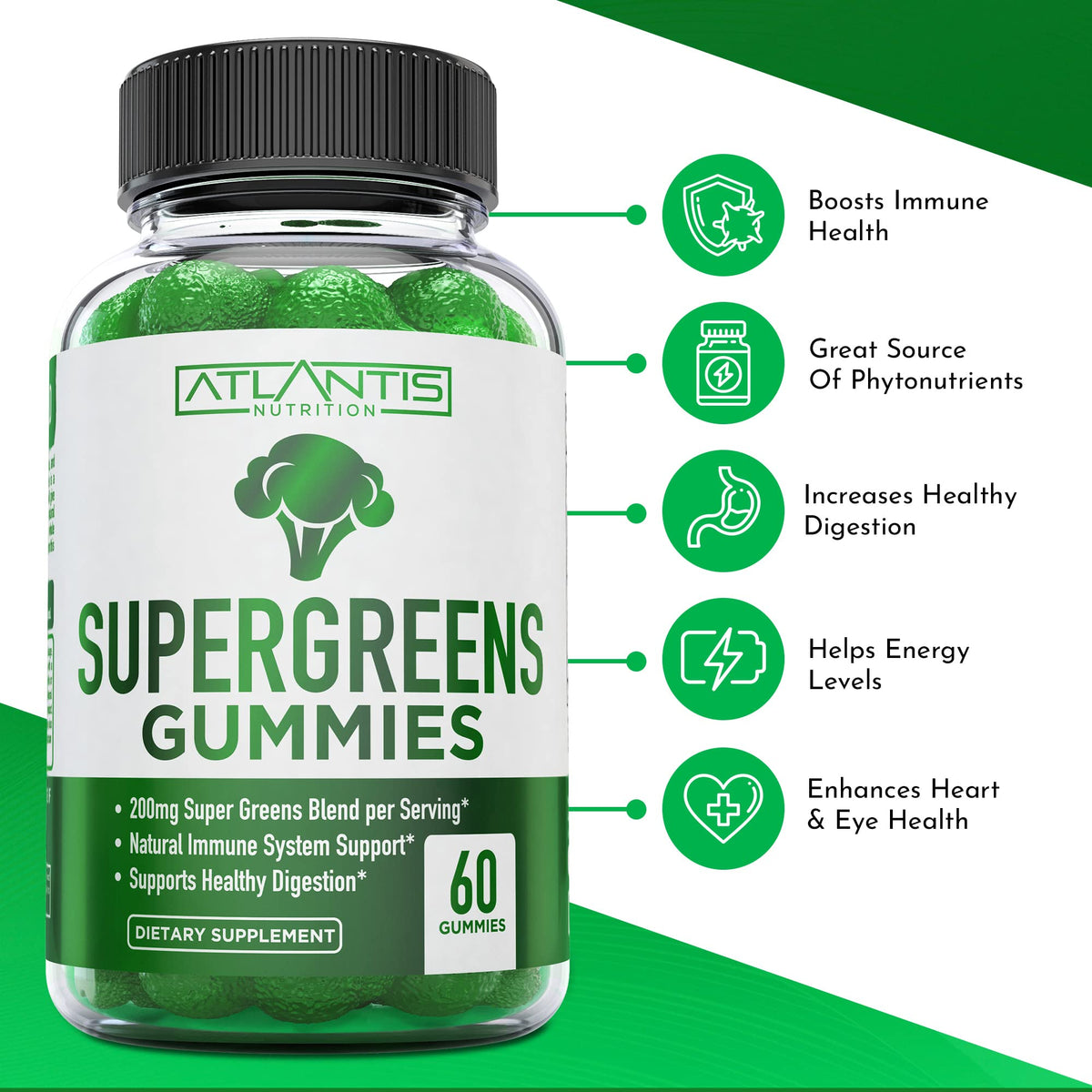Supergreens Gummies Supplement with Spinach, Broccoli, Moringa, Beet Root, Celery, Green Tea, & Acai, Natural Raspberry Flavor, 60 cnt O70529