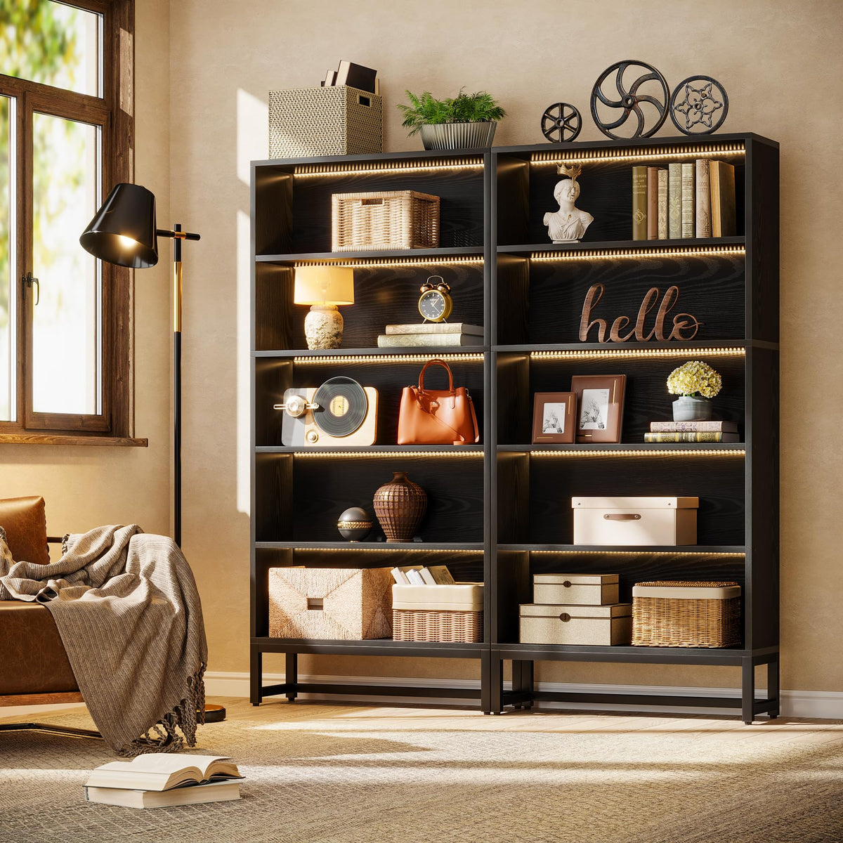 Black 70.8” 5-Tier Bookcase with LED Lights I9762
