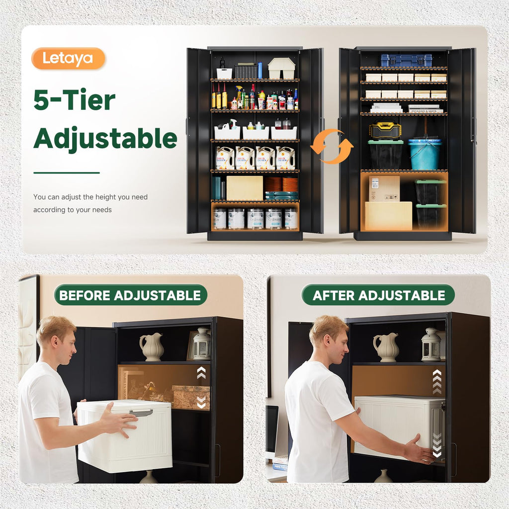 Metal Garage Storage Cabinets with Lock, 72 Tall Steel Lockers, 5 Adjustable Shelves, Black I424286