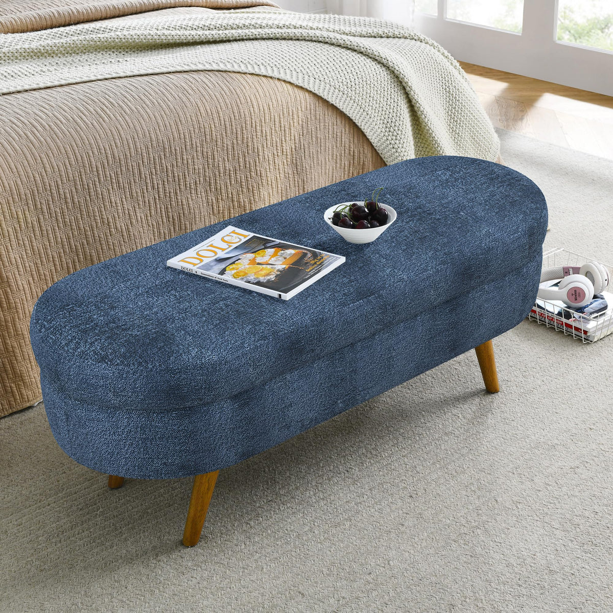 Dark Blue Upholstered Storage Bench with Rubber Wood Legs G15880