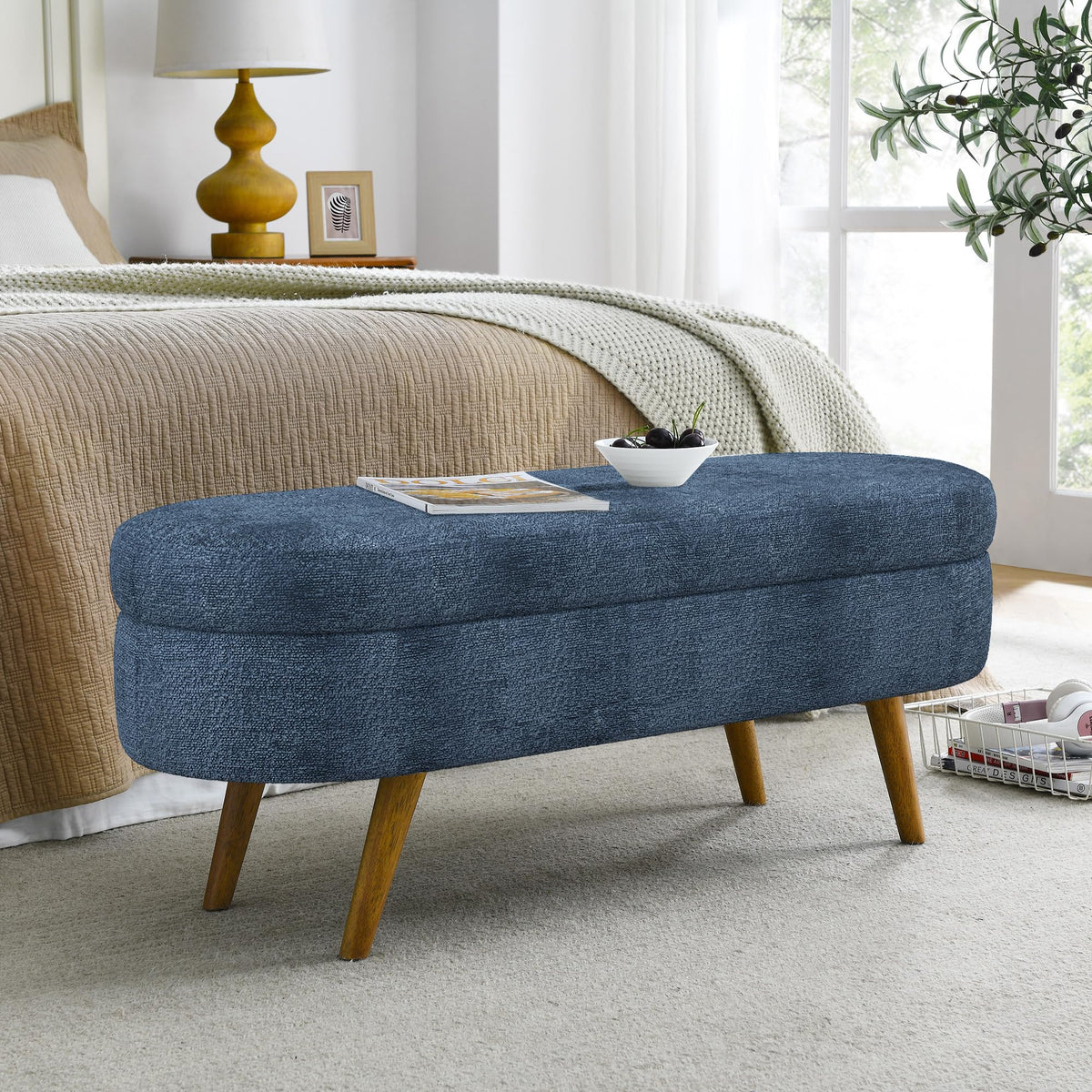 Dark Blue Upholstered Storage Bench with Rubber Wood Legs G15880