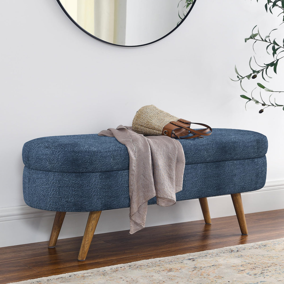 Dark Blue Upholstered Storage Bench with Rubber Wood Legs G15880