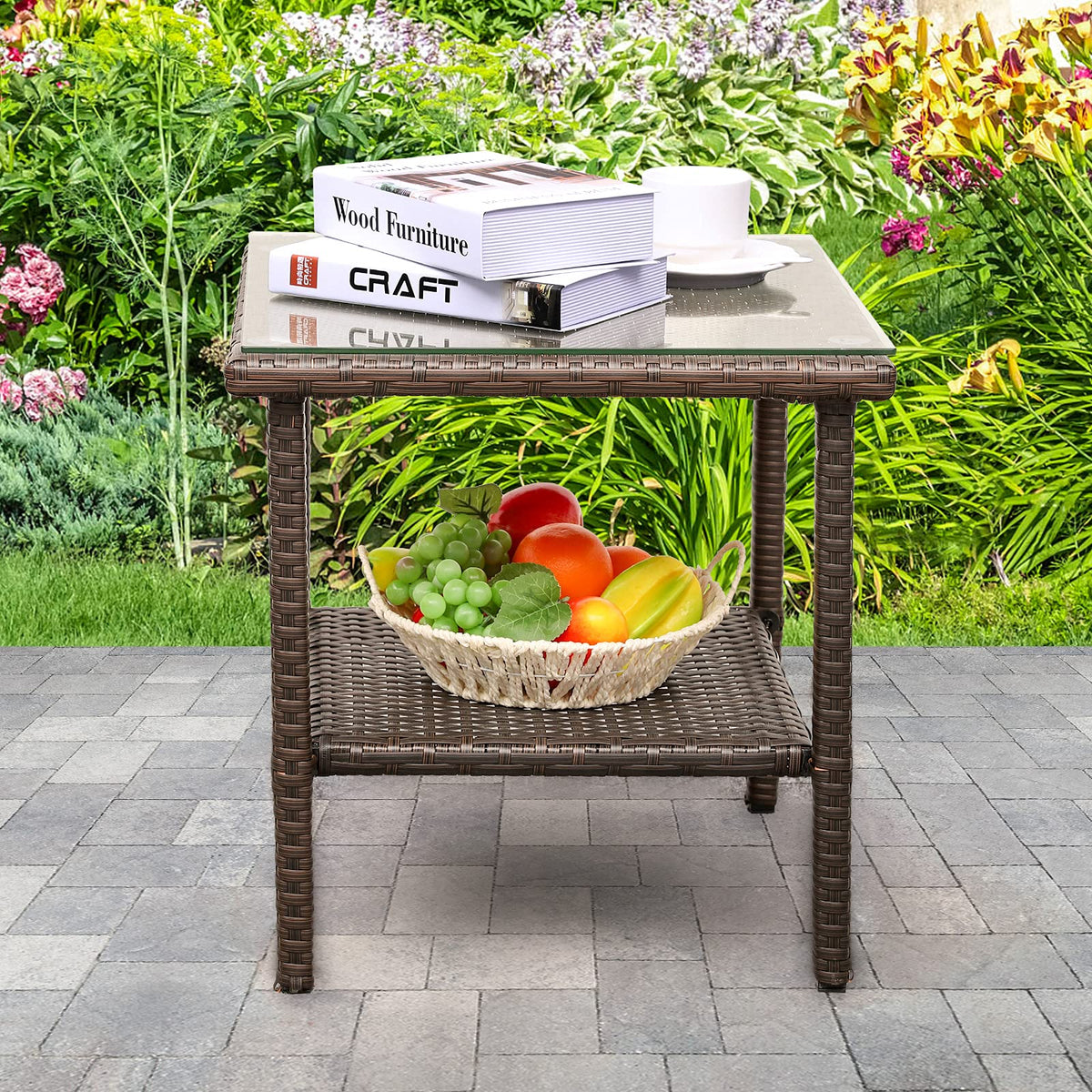 Outdoor PE Wicker Side Table with Glass Top H3339