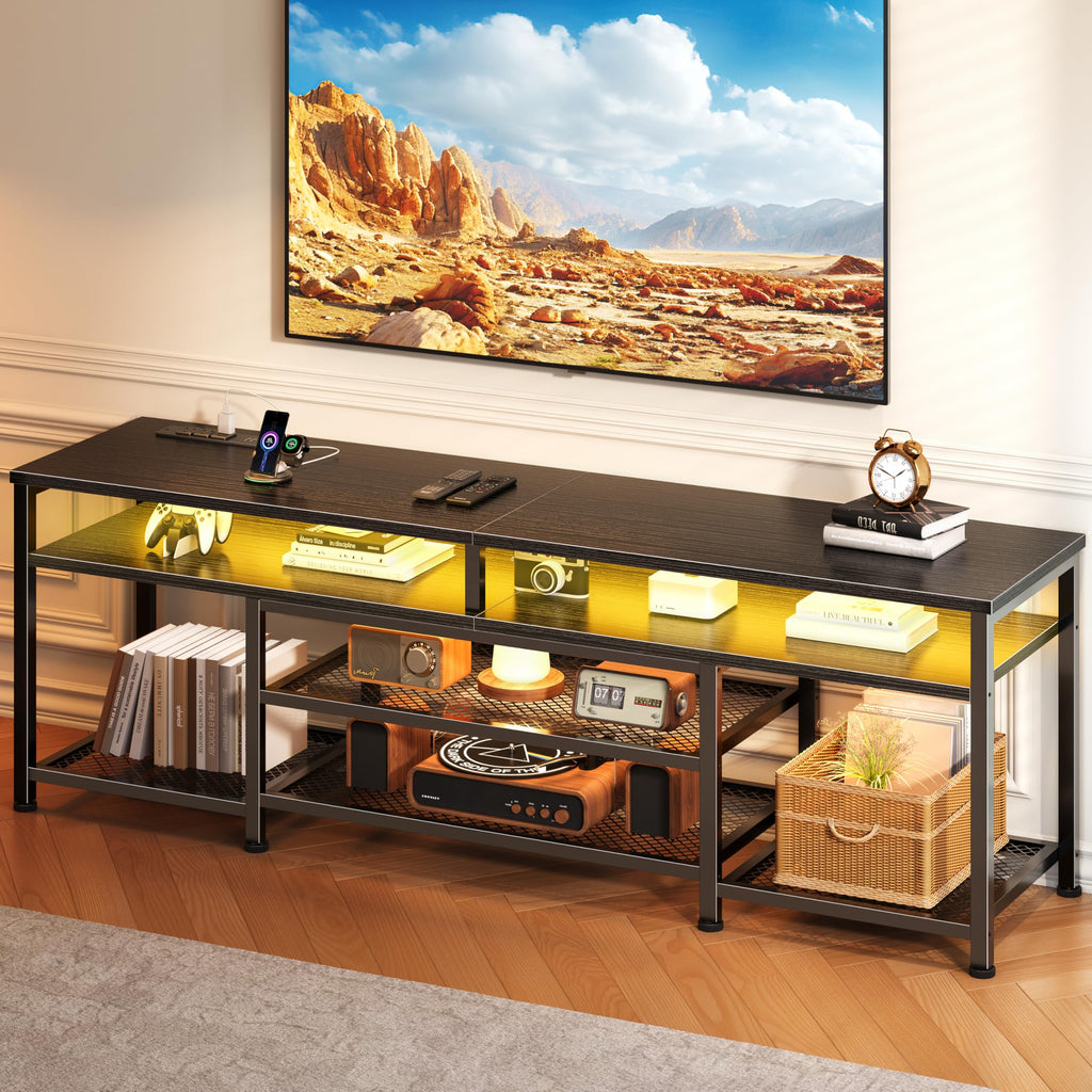 63 Inch TV Stand with Power Outlets & LED Lights, Black V2326