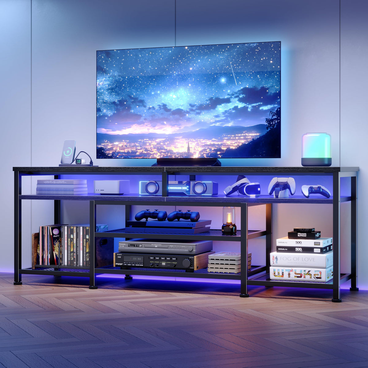 63 Inch TV Stand with Power Outlets & LED Lights, Black V2326