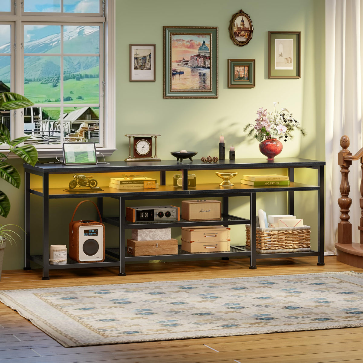 63 Inch TV Stand with Power Outlets & LED Lights, Black V2326