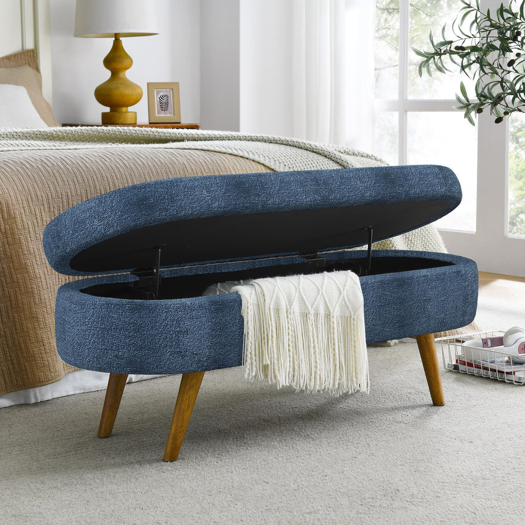 Dark Blue Upholstered Storage Bench with Rubber Wood Legs G15880