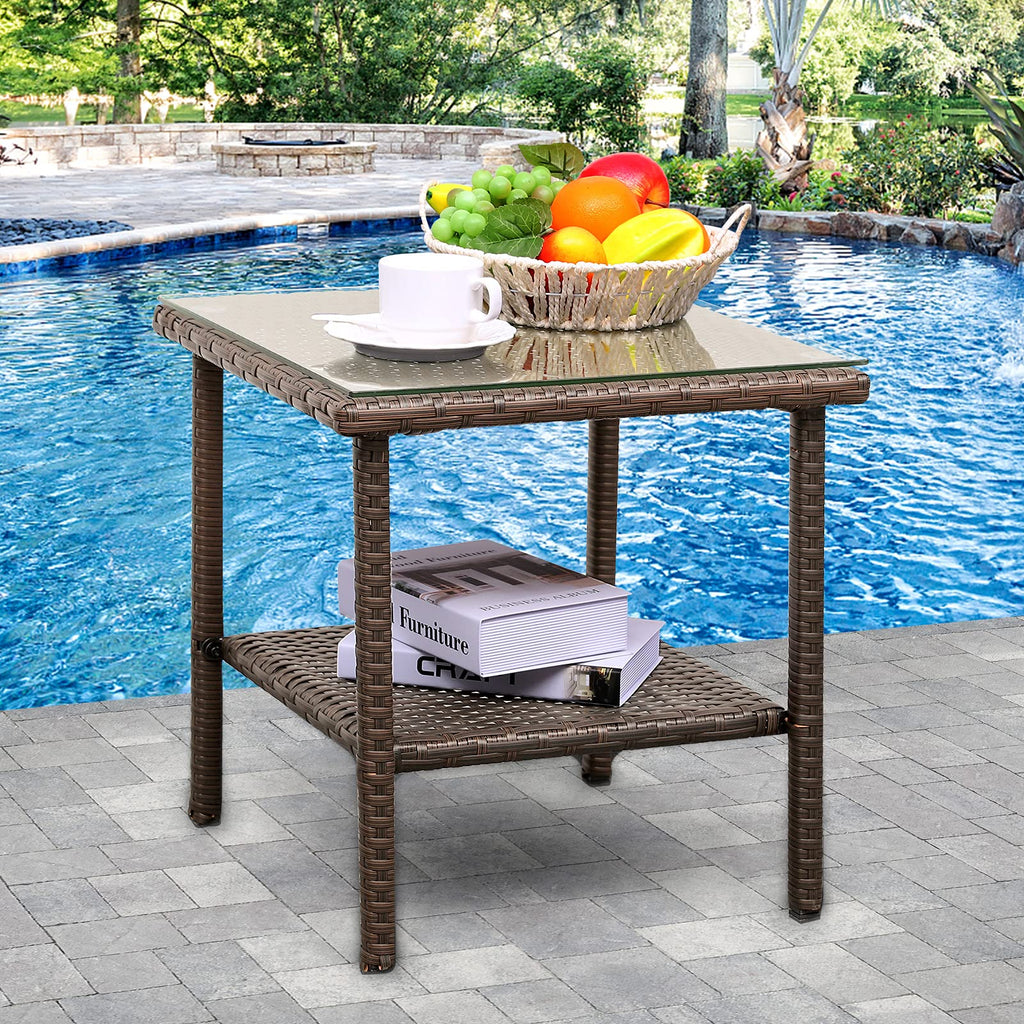 Outdoor PE Wicker Side Table with Glass Top H3339