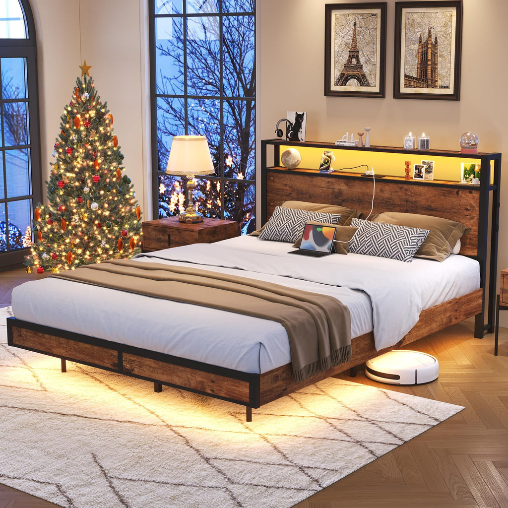 Queen Size Metal Platform Bed Frame with Storage Headboard L14452