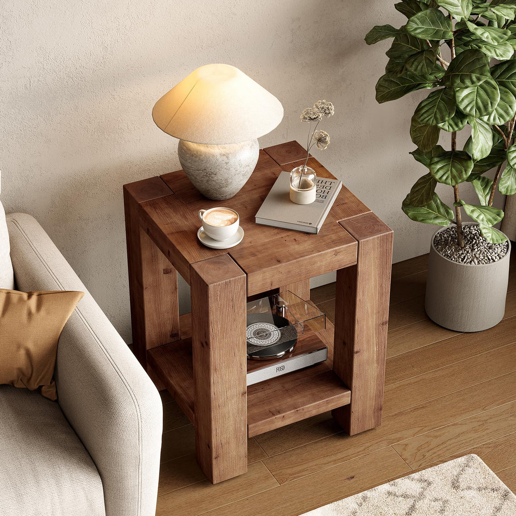 Solid Wood 2-Tier Side Table Set of 2 with Storage Shelves S915498