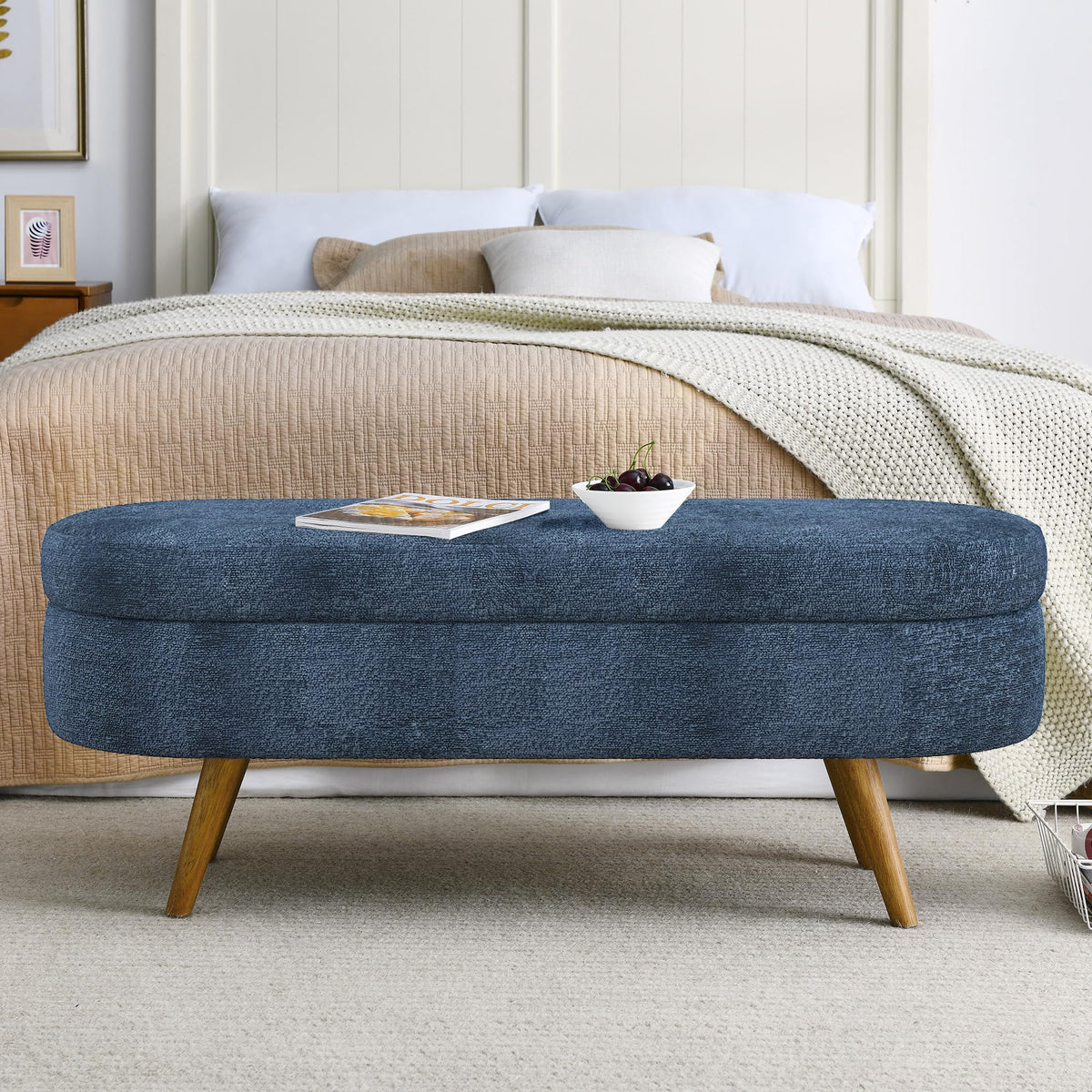 Dark Blue Upholstered Storage Bench with Rubber Wood Legs G15880